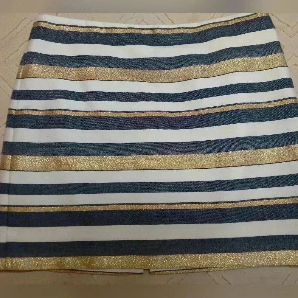 J. Crew Metallic, Denim, & Ivory Striped Miniskirt Size 4 *Perfect for Holiday